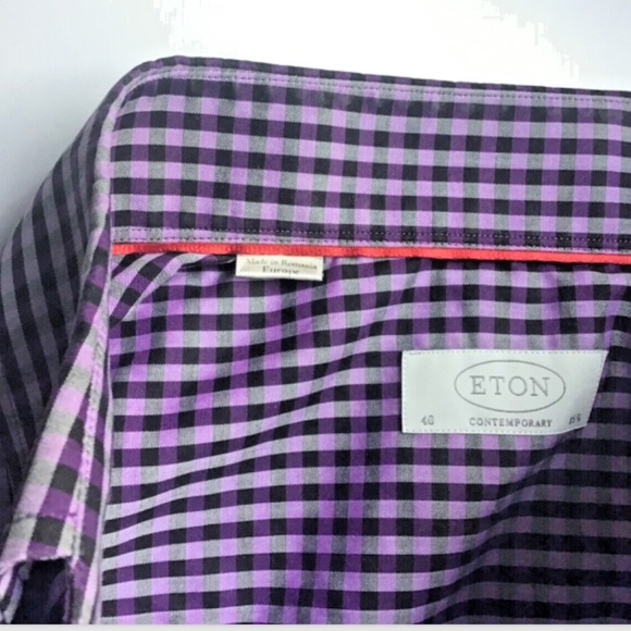 ETON contemporary purple checkered cotton shirt Sz 15 3/4 -40 cm made in Europe - Picture 2 of 12